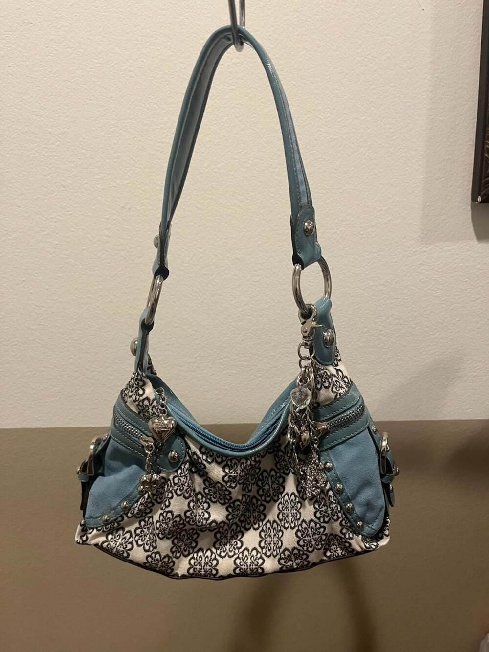Kathy Van Zeeland Y2K Blue and Black Floral Print Shoulder Bag with Charms